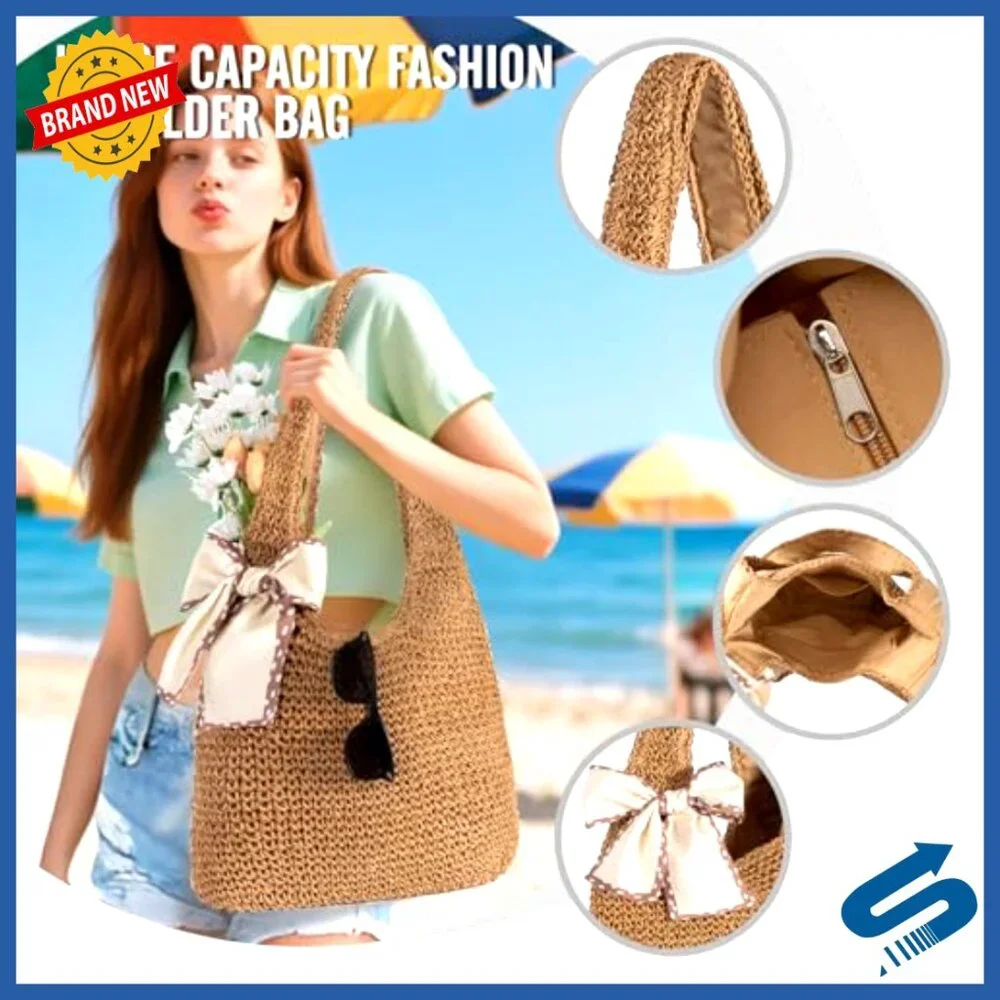 Large Handwoven Straw Tote Bag for Women, Summer Beach Purse with Zipper